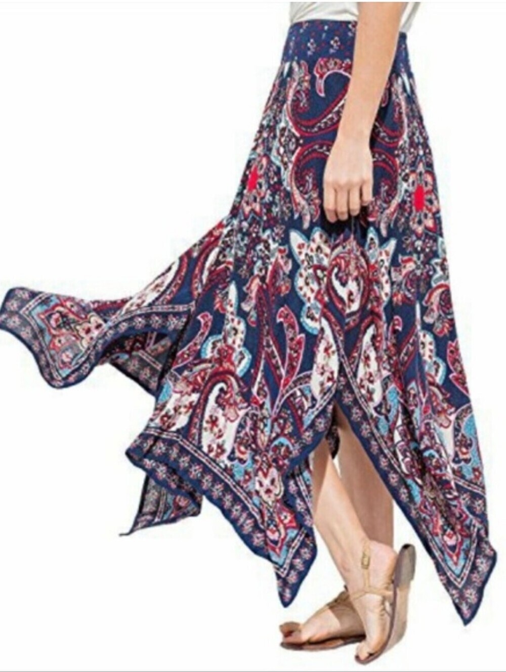 Bila Bohemian Handkerchief Hem Maxi Skirt - Navy Multi